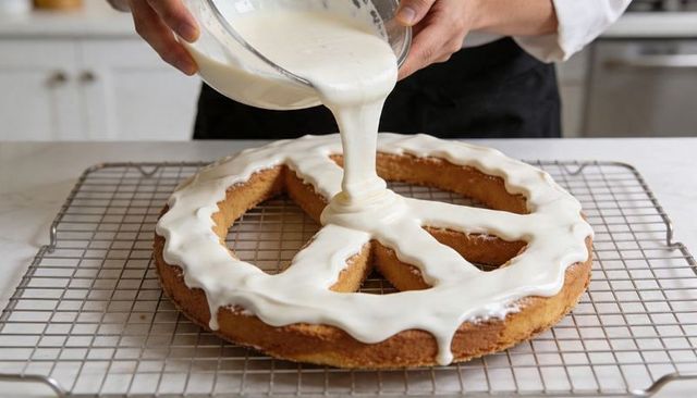 Chef pouring glossy vanilla glaze over wreath-style ring cake on cooling rack in modern kitchen