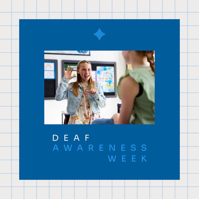 Young Caucasian girl engaging in sign language communication during Deaf Awareness Week in an educational setting. Ideal for promoting inclusivity, raising awareness about hearing impairments, educational programs, and community events focused on equal communication opportunities.