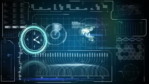 Futuristic Digital Interface with Neon Clock and Spinning Globe