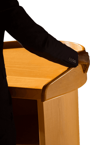Businessman leaning on transparent wooden podium