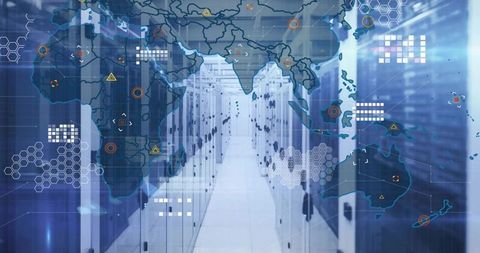 Data center corridor with global network overlay showing cybersecurity and cloud infrastructure