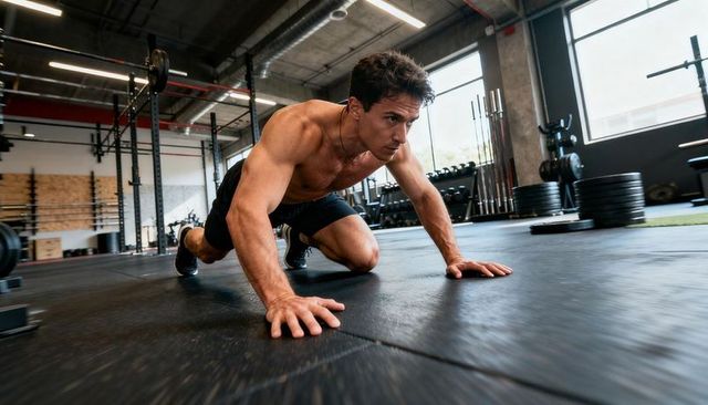 Shirtless athlete performing low push-up on rubber gym floor muscular strength and focus