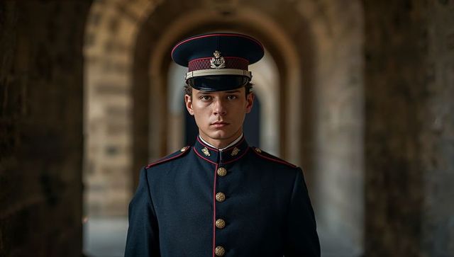 Guard in Historical Military Uniform in Vaulted Corridor