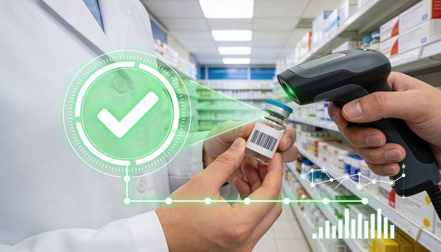 Pharmacy staff scanning vial barcode for inventory verification with holographic analytics