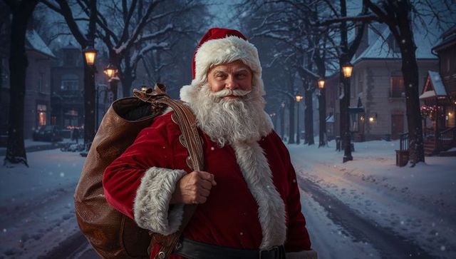 Santa claus in snowy street with glowing lamps carrying sack