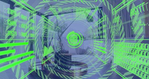 Holographic neon-green hud overlaying modern courtyard lounge with futuristic ar interface