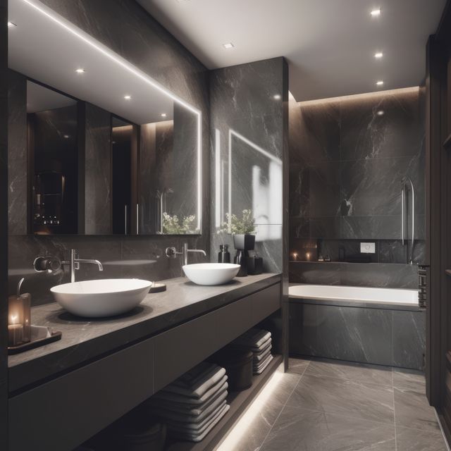 Modern luxury bathroom in dark grey marble with led lighting, created using generative ai technology. Interior design and contemporary home decoration, digitally generated image.