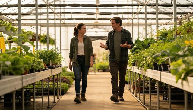 Couple walking and talking through greenhouse nursery aisle with sunlight and plants