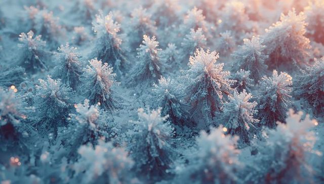 Macro frost-covered miniature evergreens sparkling with icy crystals in golden light