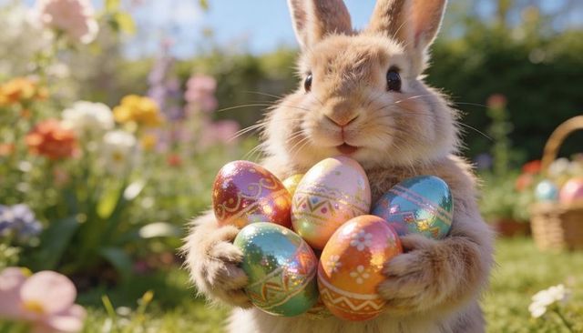 Fluffy bunny holding glittering pastel easter eggs, sunlit spring garden, wicker basket
