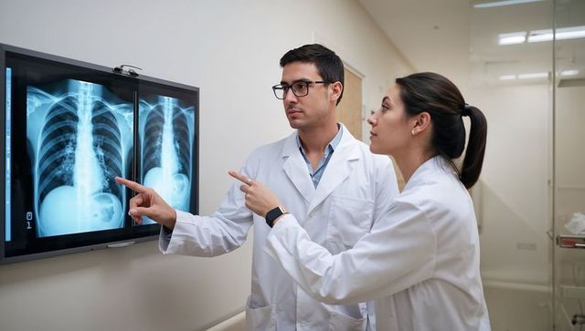 Doctors Examining Chest X-Ray Digital Display in Hospital