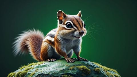 Chipmunk with striped fur perching on moss-covered rock