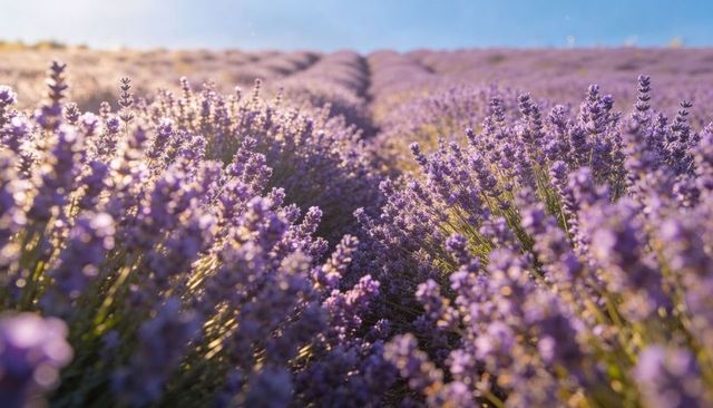 Sunlit lavender field with central aisle, blooming purple rows and golden bokeh