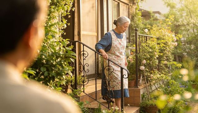 Sunlit senior asian woman descending garden steps wearing floral apron and holding railing