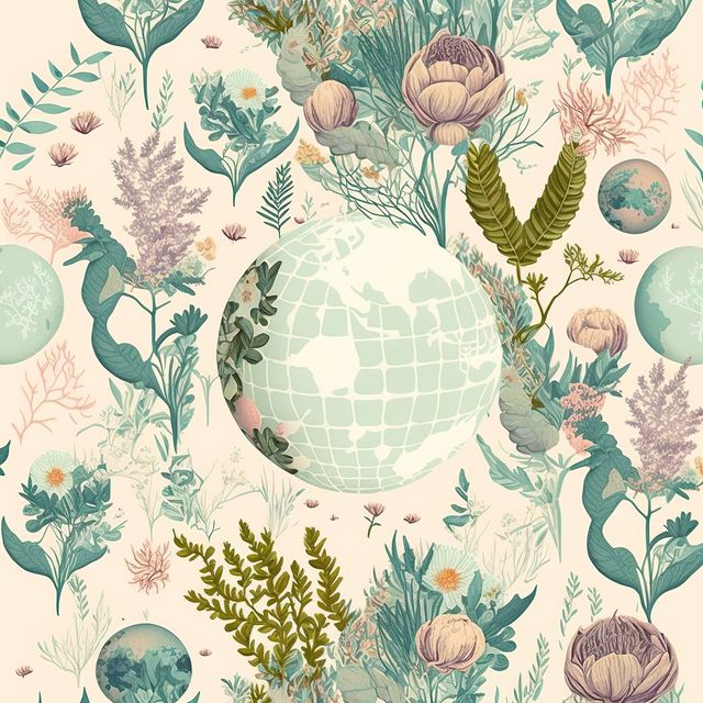Globes and multiple flowers and plants on beige background, created using generative ai technology. Earth day and ecology concept digitally generated image.