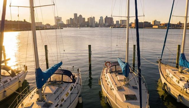 Golden hour marina with sailboats moored, urban city skyline, calm water reflections, soft light