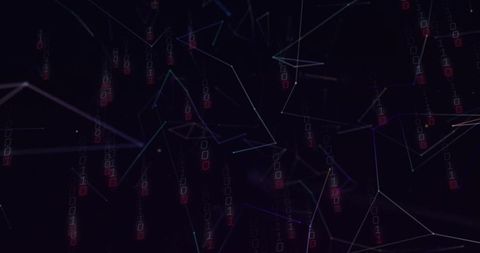 Neon binary streams and floating mesh lines visualizing abstract cyber network topology