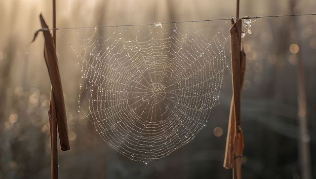 Dew-Dusted Orb Web Glowing in Warm Sunrise Between Dried Reeds