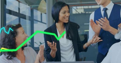 Businesswoman leading office meeting with graphs and analytics