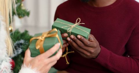 Diverse couple exchanging holiday gifts by christmas tree