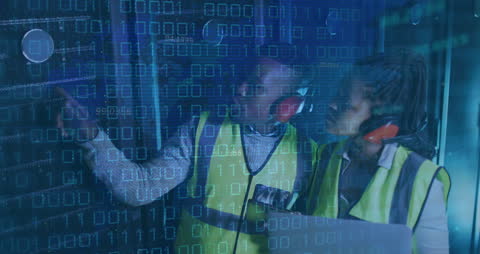 Server Room Technicians Analyzing Data in futuristic environment