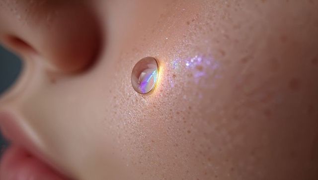 Iridescent droplet on child cheek macro skin texture with freckles and subtle glitter