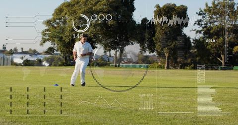 Cricket player training on grass field with hud performance analytics and wearable data