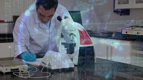 Scientists Analyzing Data with Microscopes and Digital Overlay