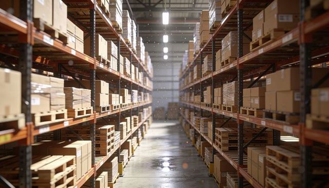 Sunlit warehouse aisle showing deep pallet racking creating depth with stacked boxes