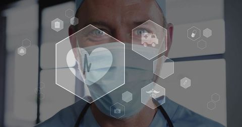 Masked doctor using digital health interface with hex icons and stethoscope