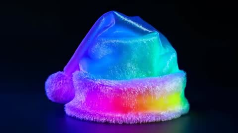 Santa Hat Shimmering with Rainbow LED Sweep on Black Background for Festive Loop