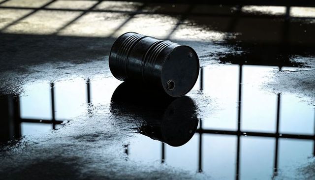 Dark metal oil drum lying on wet concrete reflecting industrial window grid in moody light