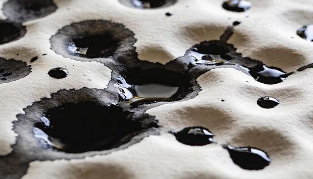 Absorbent paper soaking glossy black ink pools macro texture with reflective droplets