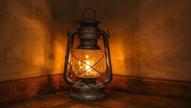 Antique oil lantern casting warm amber glow in rustic wood corner with patina and rust