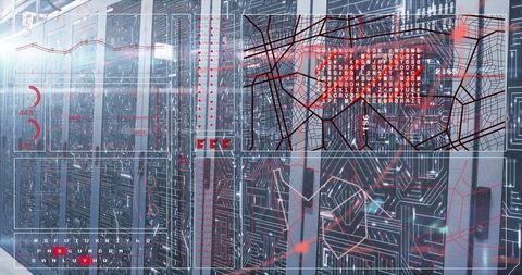 High-Tech Data Center with Digital Overlays and Cybersecurity Elements