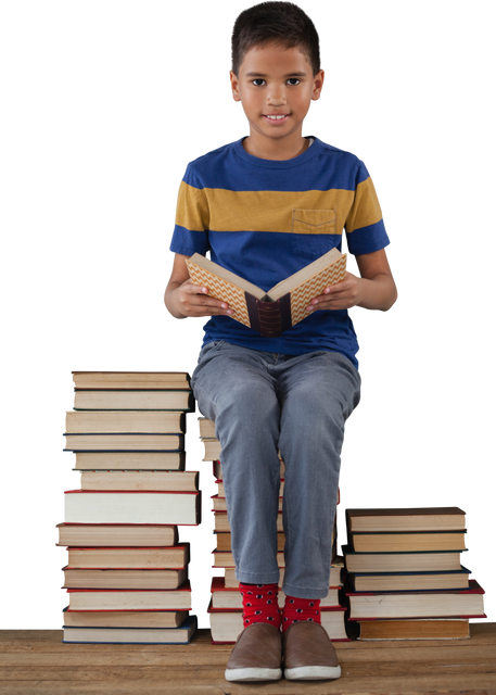 Schoolboy Reading Book on Stack of Books Transparent Background - Download Free Stock Videos Pikwizard.com