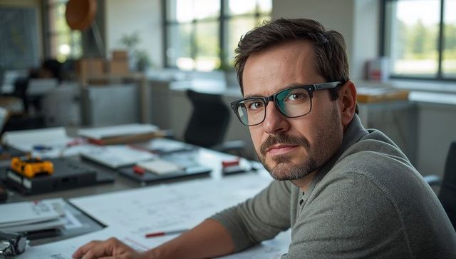 Architect Reviewing Blueprints Wearing Glasses and Grey Sweater in Bright Workspace