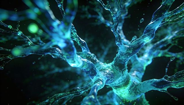 Bioluminescent Liquid Neuron Network Emitting Cyan-Turquoise Glow in Dark Abstract Space