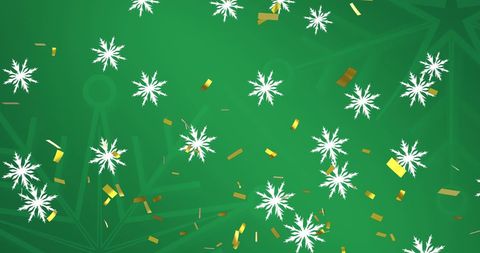 Festive Falling Snowflakes and Gold Confetti on Green