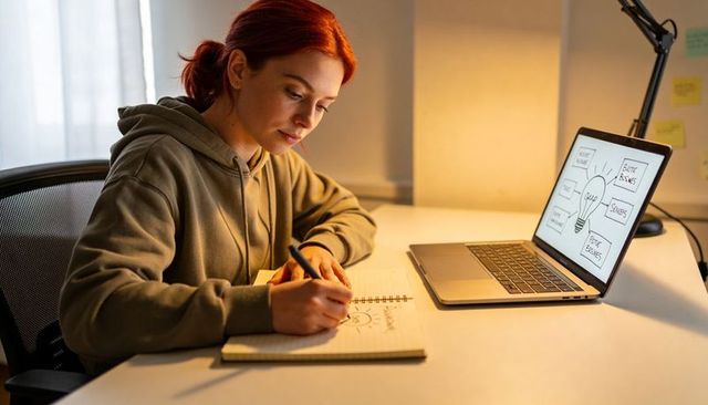 Focused red-haired woman journaling at minimalist home desk with laptop and mind map