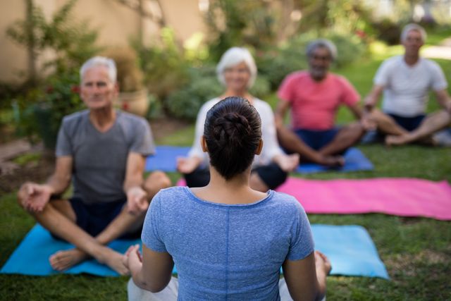 Trainer leading a group of senior individuals in a meditation session in a park. Ideal for use in wellness, fitness, and senior lifestyle promotions. Perfect for illustrating outdoor activities, group exercises, and healthy living for elderly people.