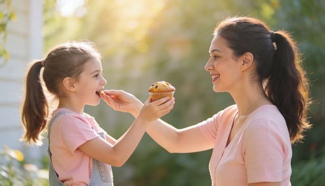 Mother feeding daughter muffin in sunlit backyard during golden hour nurturing family bond