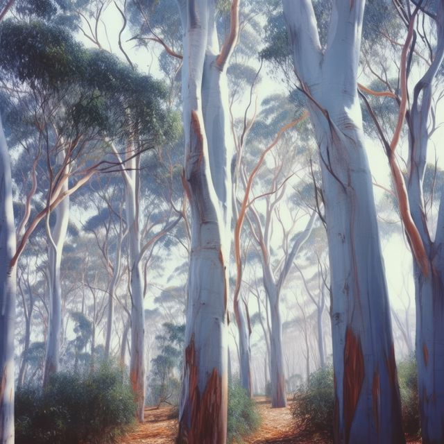 Eucalyptus trees create a serene forest scene, with copy space. Mist weaves through the trunks, adding a mystical quality to the outdoor landscape.