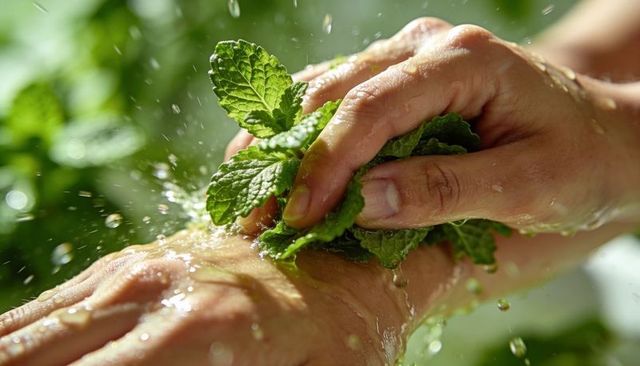 Rubbing fresh mint leaves on forearm with water splash, natural cooling skincare