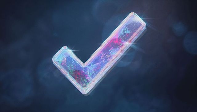 Glassy 3D Check Mark with Neon Glow on Dark Background