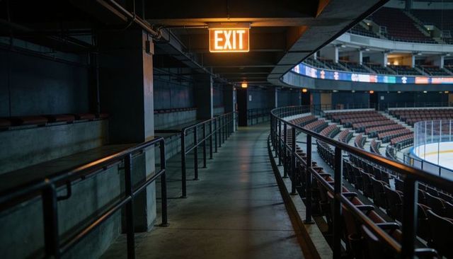 Empty arena concourse walkway glowing under orange exit sign overlooking ice rink