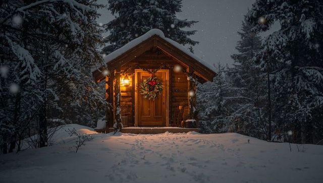 Glowing rustic log cabin nestled in snowy forest at dusk with lit wreath and lantern glow