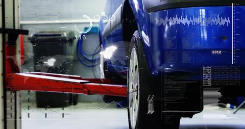 Blue sedan undergoing augmented reality diagnostics on hydraulic lift garage tech