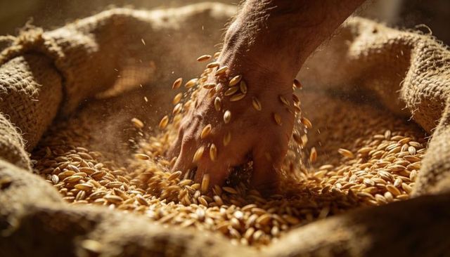 Plunging hand sifting golden wheat grains in burlap sack rustic harvest
