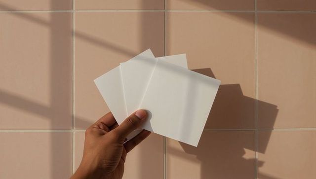 Hand displaying blank white cards against peach tiled wall
